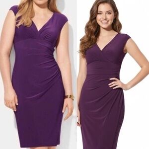 EUC Ralph Lauren Faux-Wrap Jersey Midi Sheath Dress Purple Empire Size 8 Bodycon